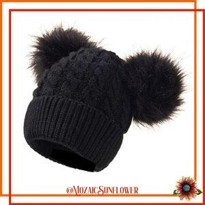 Cable Knit Black Beanie With Fluffy Faux Fur Pompoms 1 On Each Side Top NWT